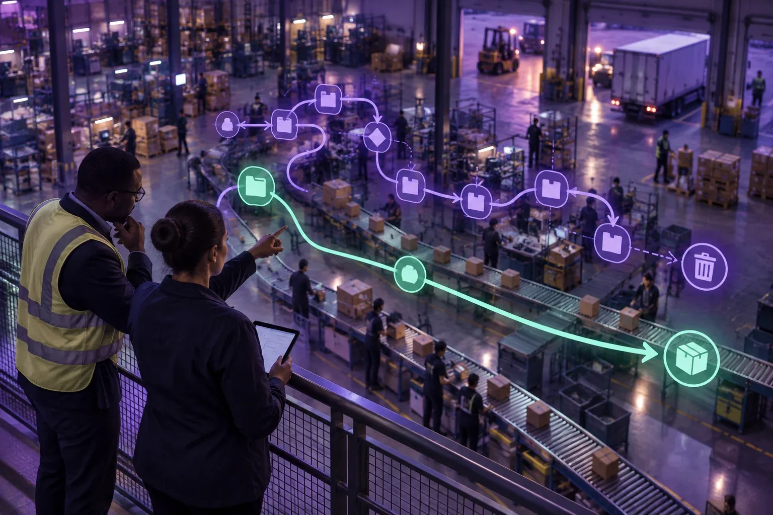 Équipe comparant un flux automatisé complexe à un parcours opérationnel simplifié