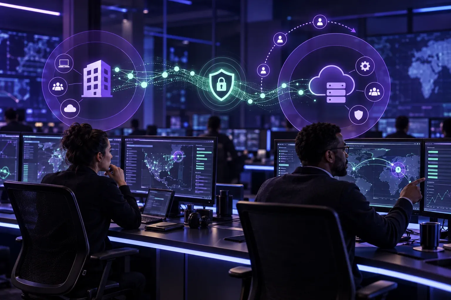 Centre de cybersécurité illustrant le partage des responsabilités entre une organisation et son fournisseur géré